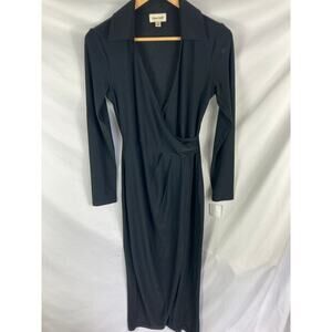 NWT Open Edit Long Sleeve Surplice Black Midi Dress Size XS